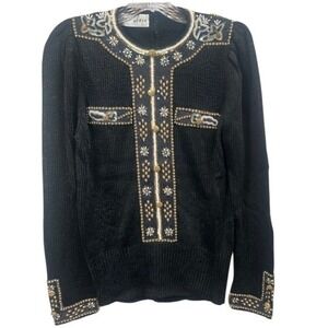 Lillie Rubin Vintage Black Gold Embellished Sequin Beaded Knit Sweater 1980s MD